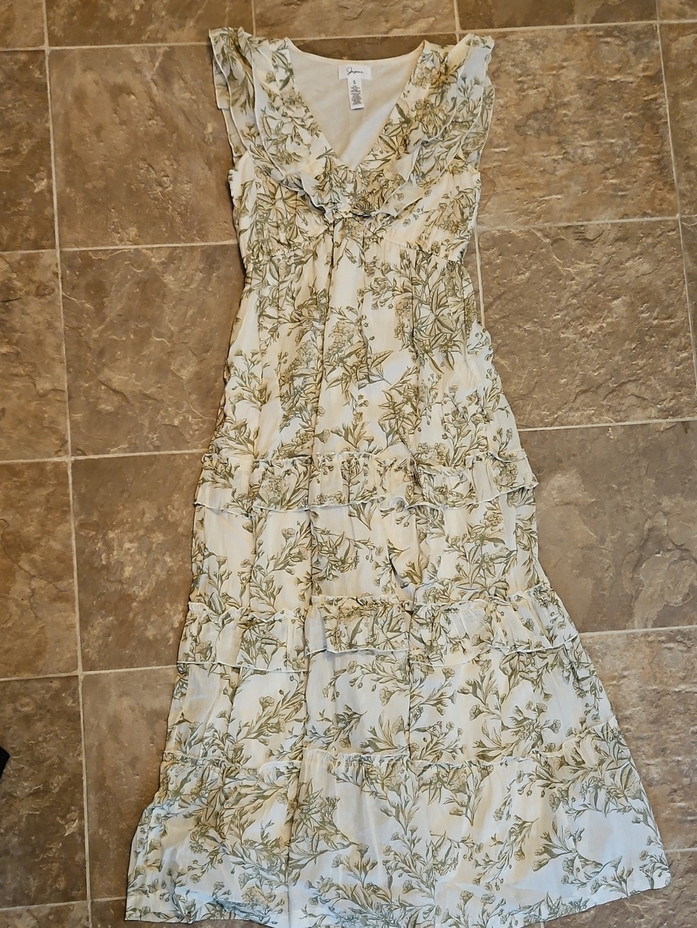 Japna Cream and Green Floral Ruffle Maxi Dress